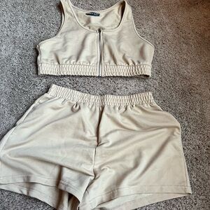 Beige Zip-Up Crop Top and Shorts Set
